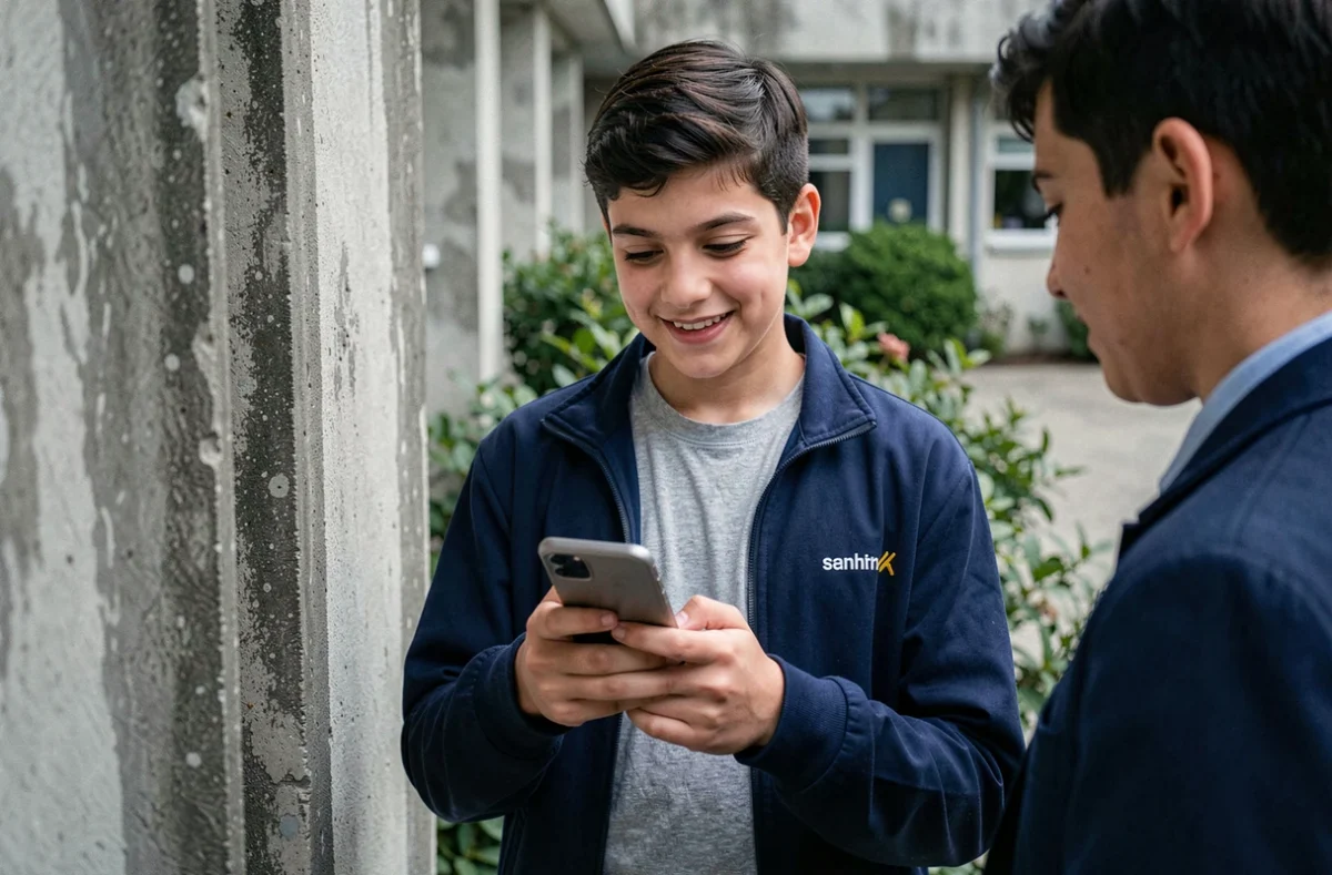 Adolescent dans une cour de lycée montrant une offre de forfait mobile sur son smartphone à un ami