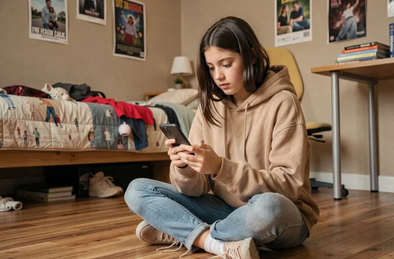 Adolescente assise sur le sol de sa chambre consultant son smartphone pour choisir un forfait mobile adapté