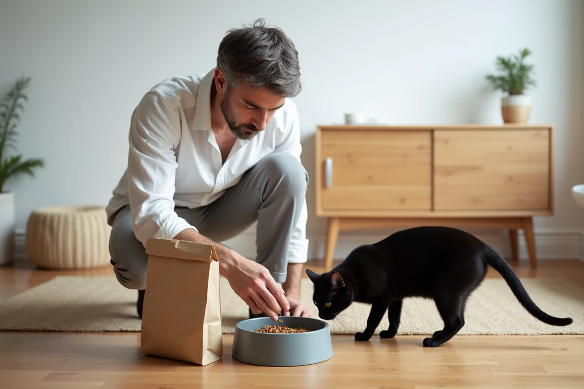 Homme préparant le repas de son chat noir dans un intérieur scandinave minimaliste