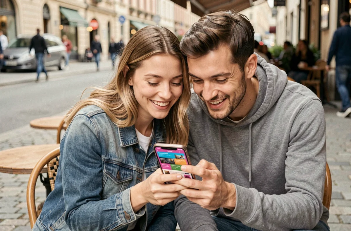 Deux amis consultant un guide de divertissement sur smartphone en terrasse de café