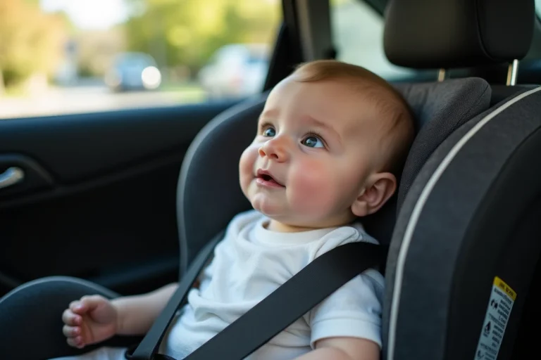 Bébé de six mois dans un siège auto moderne