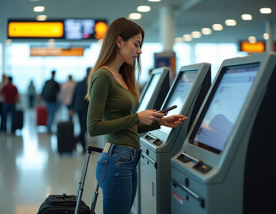 Jeune femme utilisant une borne d'enregistrement American Airlines pour corriger ses informations passager
