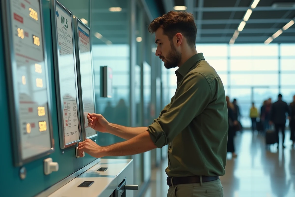 Voyageur comparant les taux de change affichés dans un bureau de change d'aéroport turc avant d'échanger des euros en livres turques