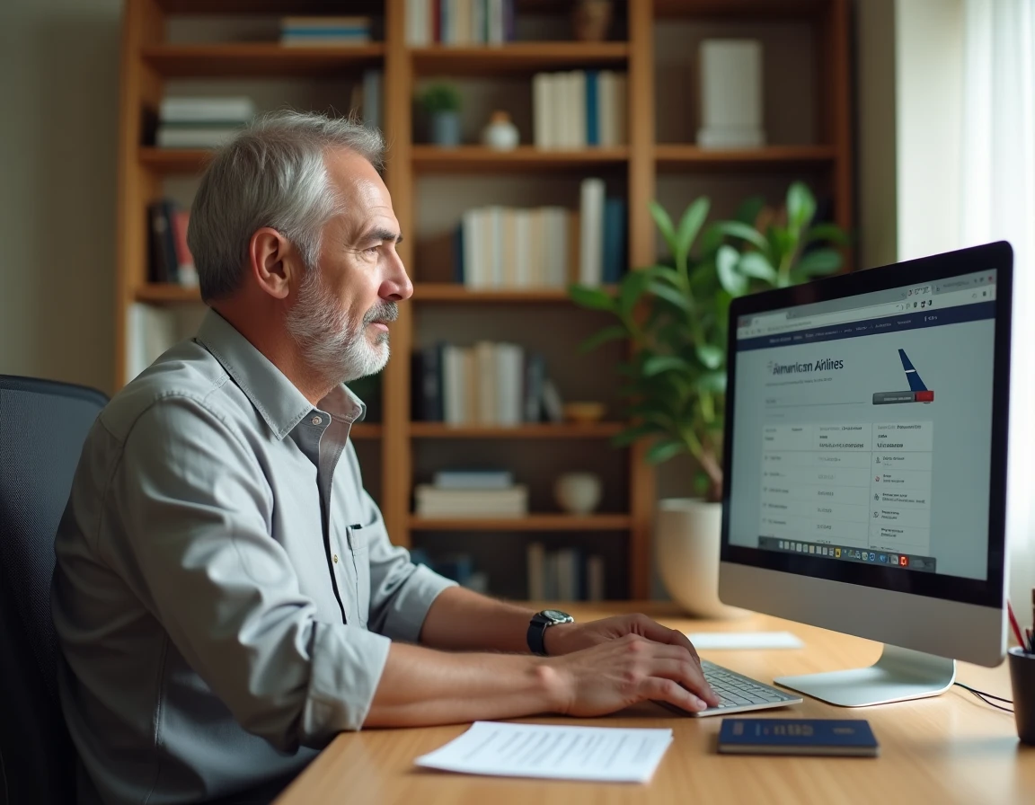 Homme modifiant les informations de son billet American Airlines depuis son bureau à domicile