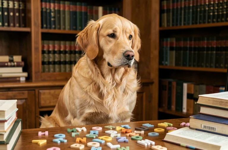 Golden retriever curieux assis devant des lettres de l'alphabet éparpillées sur un bureau en bois, illustrant le secret du langage canin