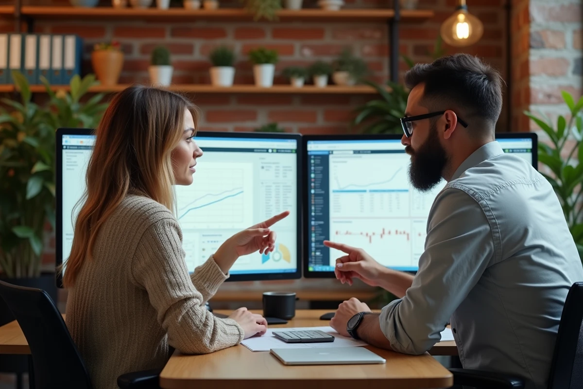 Deux jeunes professionnels collaborant sur une analyse comptable et financière devant des écrans dans un espace de coworking