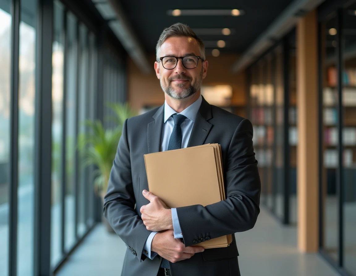 Conseiller juridique immobilier tenant des documents de baux locatifs dans un bureau moderne