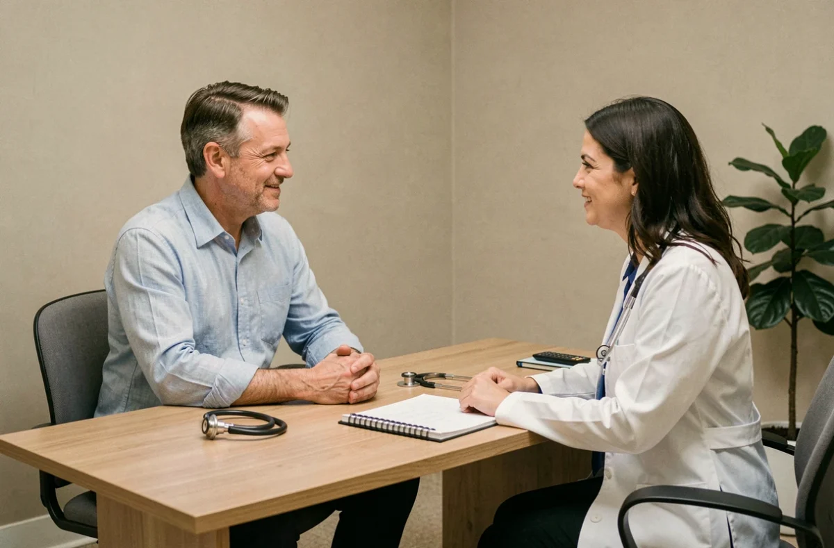 Patient discutant de sa santé avec un médecin lors d'une consultation médicale bienveillante et professionnelle