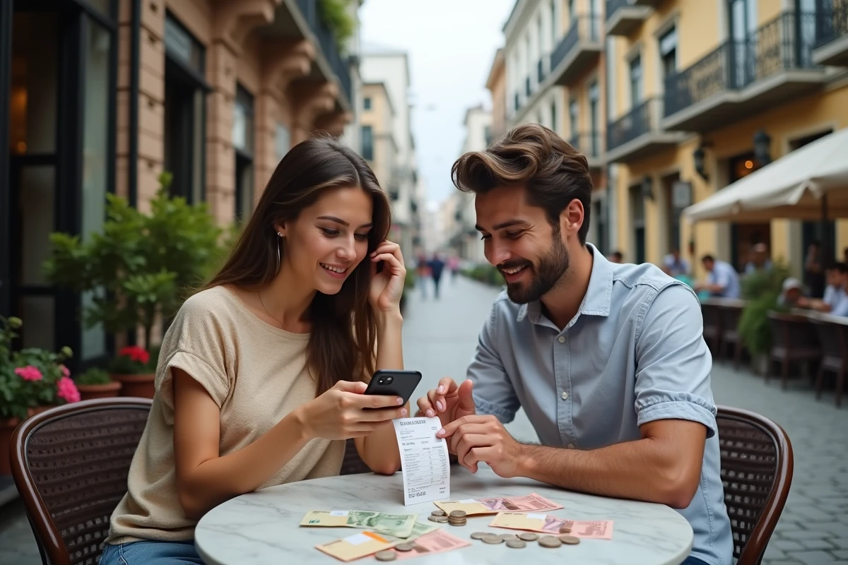 Couple de voyageurs vérifiant leur reçu de change dans un café en plein air à Istanbul, avec des billets et pièces en livre turque sur la table