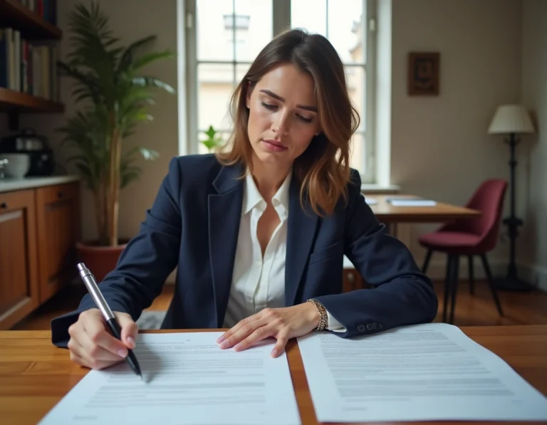 Femme consultant deux contrats de location simultanément sur une table en bois dans un appartement parisien