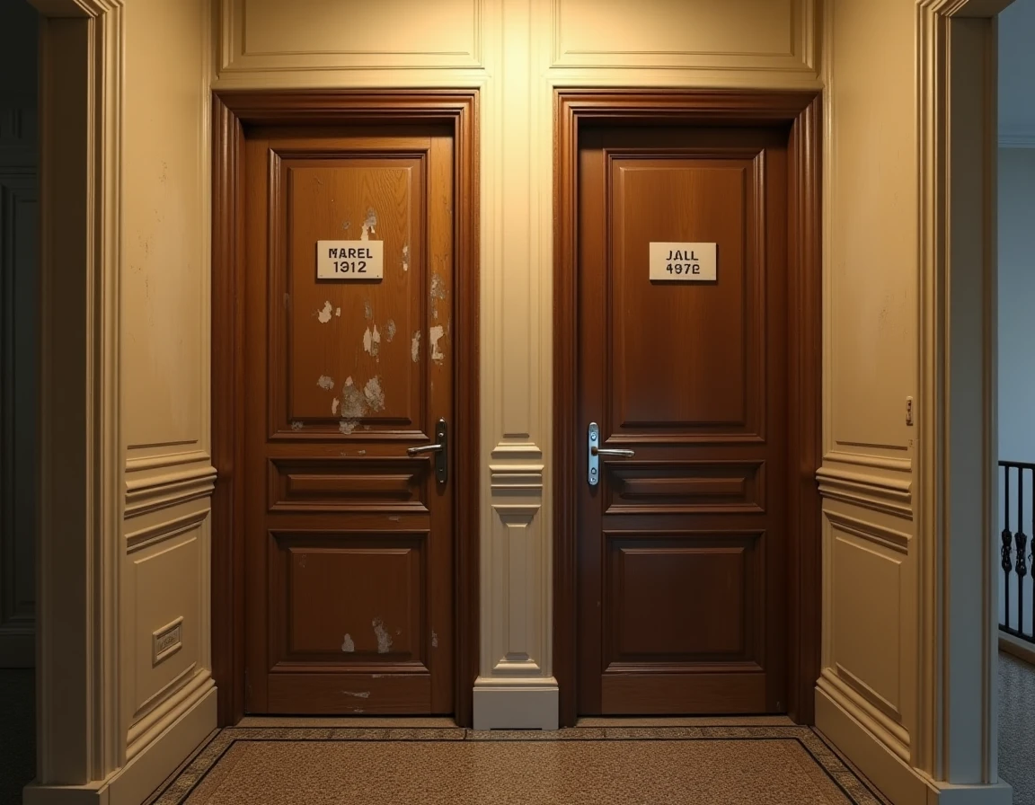 Deux portes d'appartements côte à côte dans le couloir d'un immeuble haussmannien symbolisant la double location