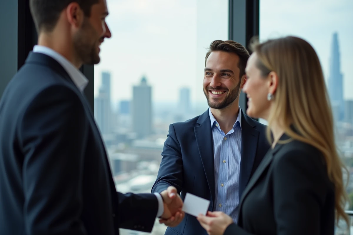Jeune entrepreneur échangeant des cartes de visite en rooftop