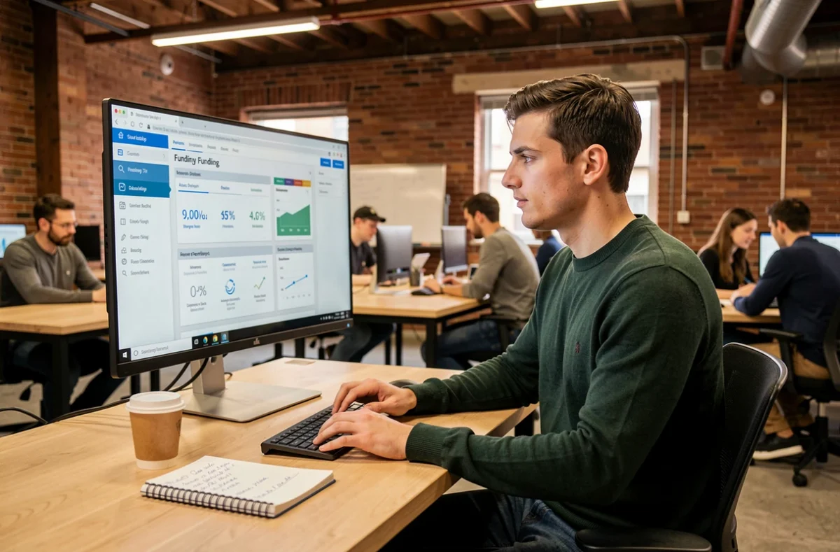 Jeune entrepreneur travaillant sur un pitch deck de financement de startup dans un espace de coworking