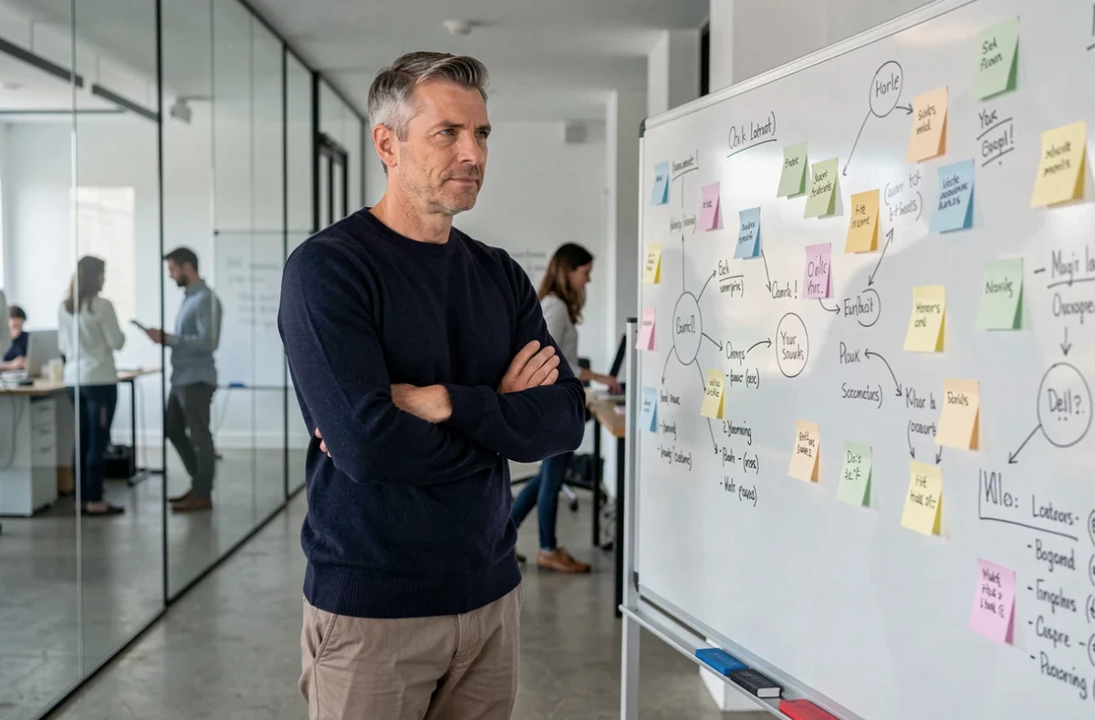 Entrepreneur masculin analysant une stratégie d'entreprise sur un tableau blanc dans un bureau de startup minimaliste