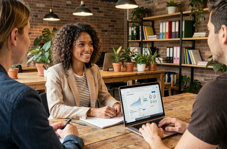 Femme entrepreneuse en blazer lin travaillant avec des collègues dans un espace de co-working moderne à Paris