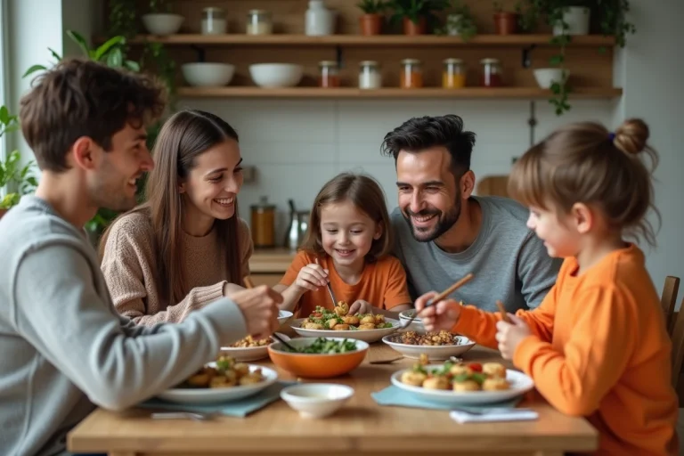 Famille heureuse autour d'un repas sans gluten à la maison