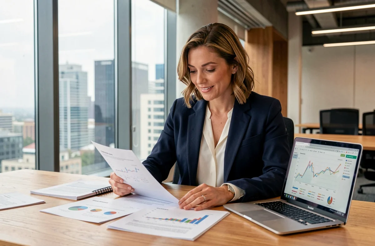 Femme d'affaires analysant des documents financiers pour le financement de son entreprise dans un bureau moderne