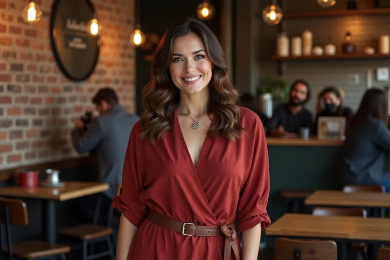 Femme confiante en robe élégante dans un café urbain
