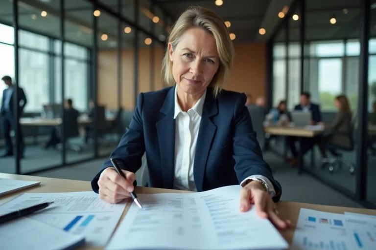 Femme comptable en blazer marine analysant des états financiers et des grands livres comptables dans un bureau d'entreprise moderne