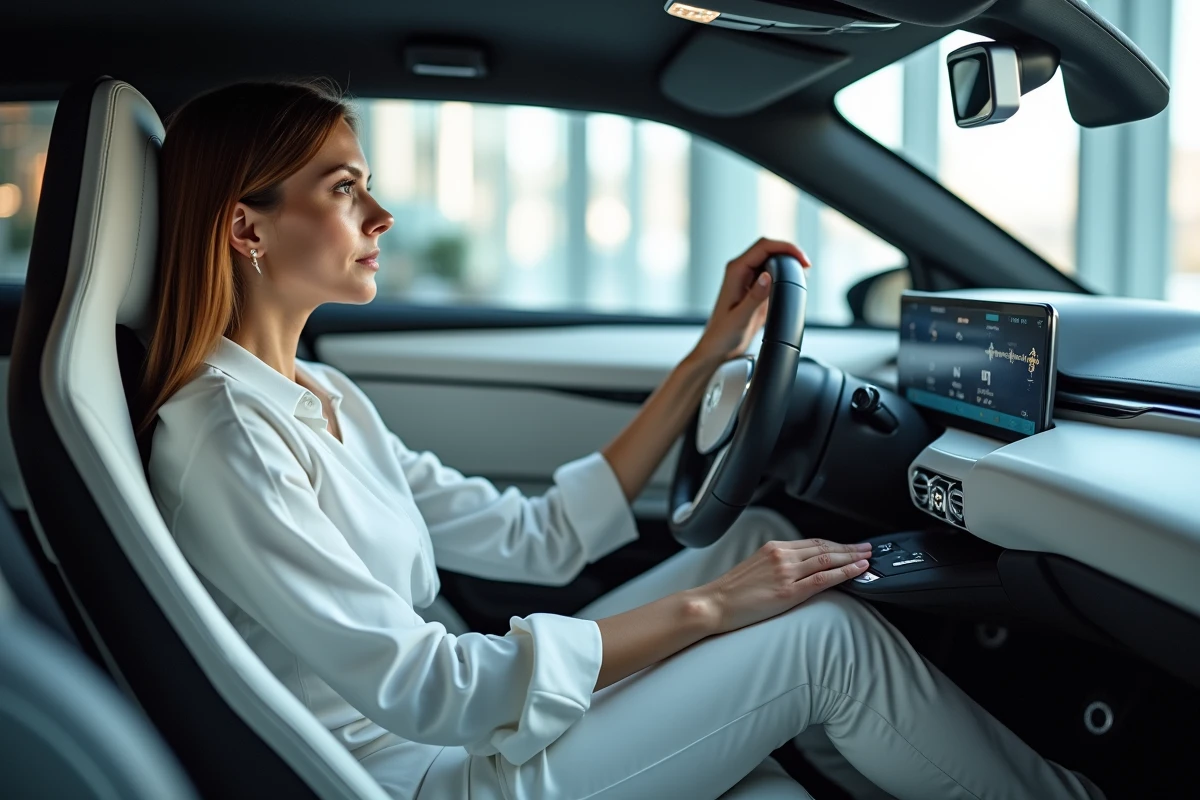 Femme dans voiture concept futuriste à l’intérieur