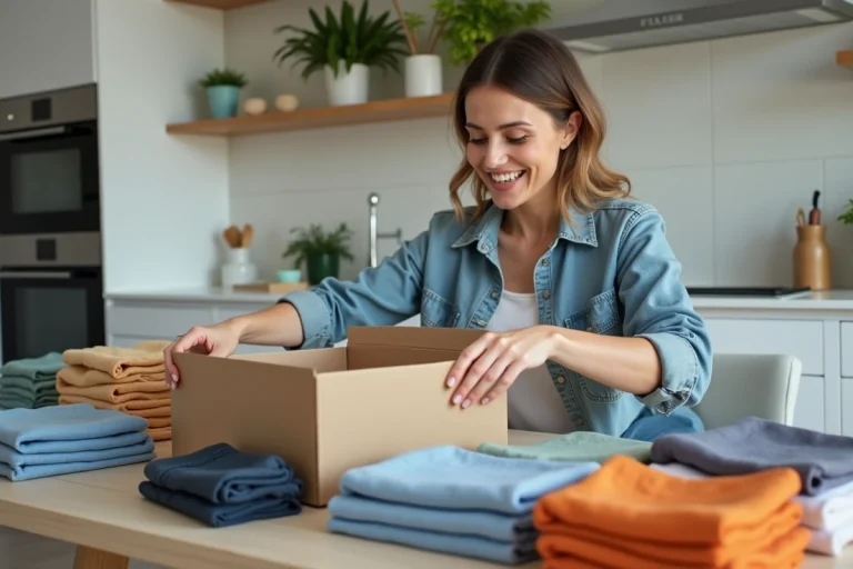 Femme souriante emballant des vêtements preloves dans une cuisine lumineuse