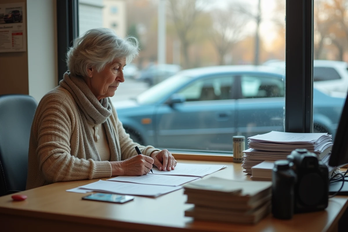 Femme âgée remplissant un formulaire dans un bureau