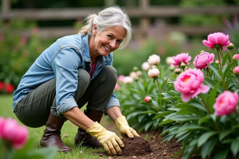 Femme en jardinage avec des pivoines et compost organique