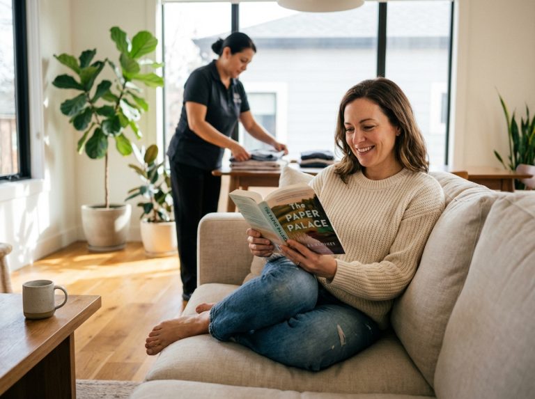 Femme lisant un livre dans un salon lumineux et moderne