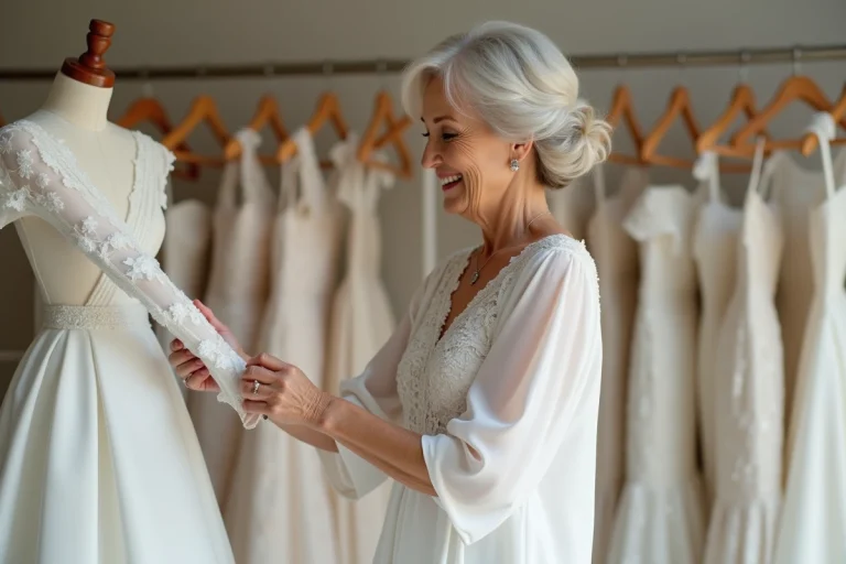 Femme élégante ajustant une robe de mariée en boutique