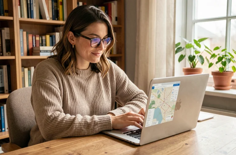 Femme naviguant sur un plan de site web depuis son bureau à domicile