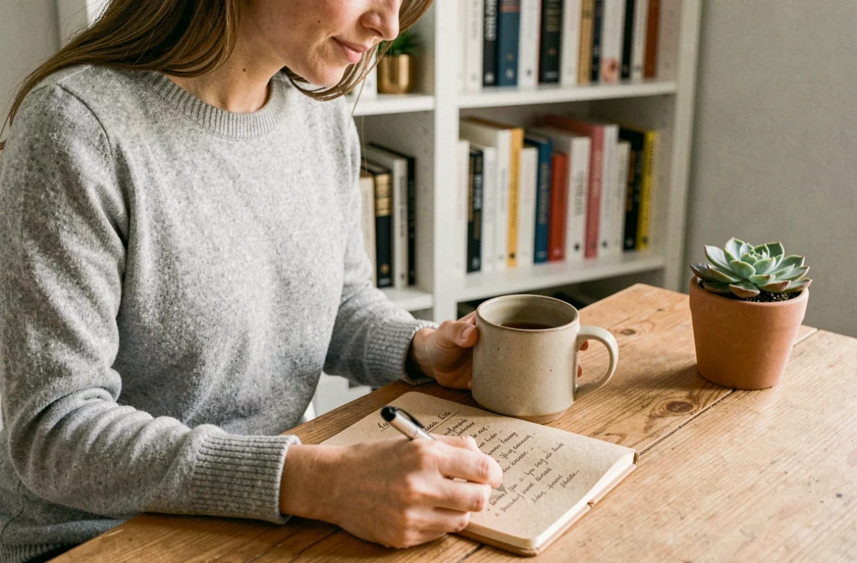 Femme organisée consultant son carnet de tâches quotidiennes dans un bureau à domicile moderne et épuré pour améliorer sa productivité