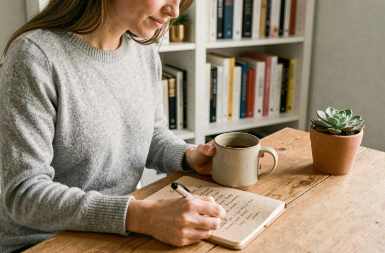 Femme organisée consultant son carnet de tâches quotidiennes dans un bureau à domicile moderne et épuré pour améliorer sa productivité