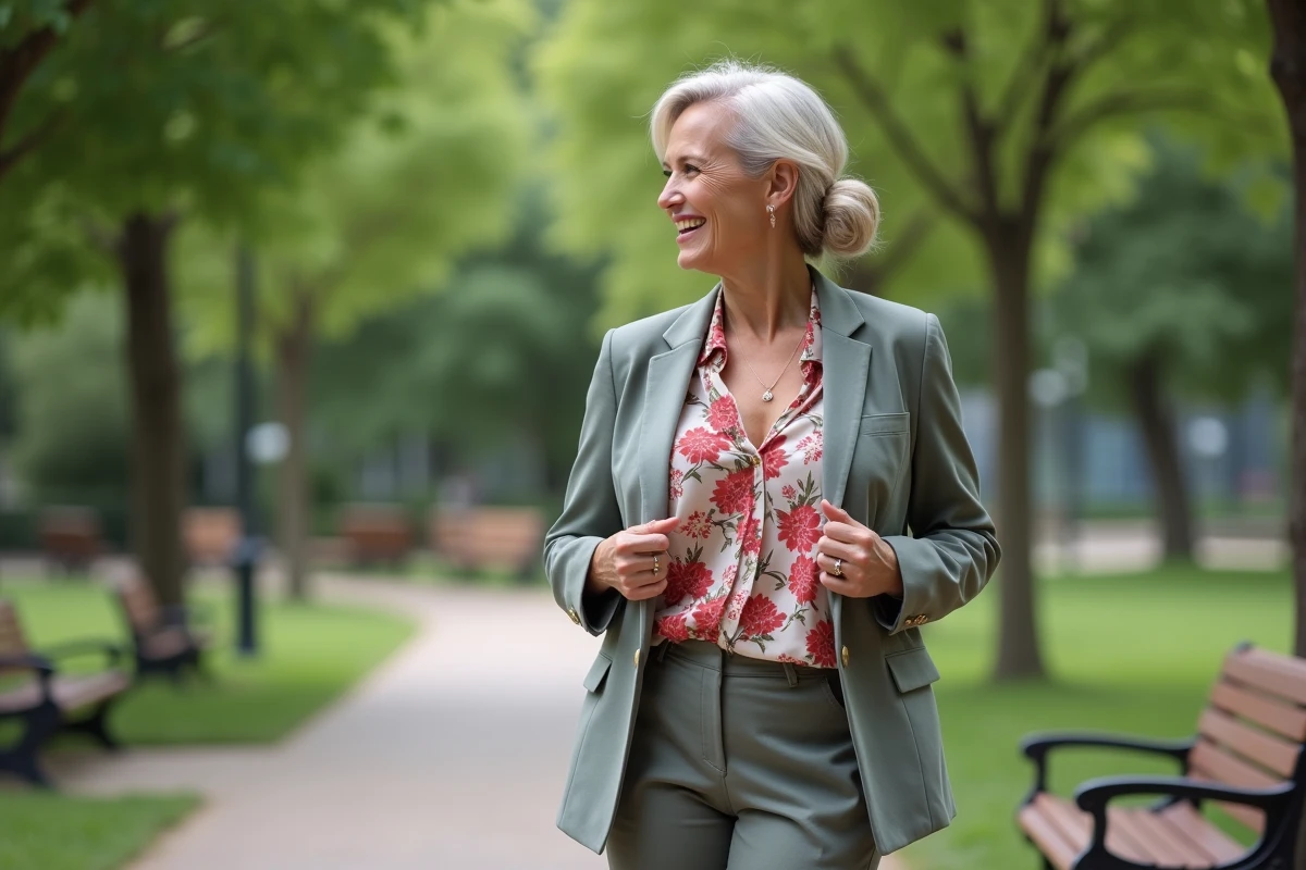 Femme souriante ajustant blazer dans un parc en ville