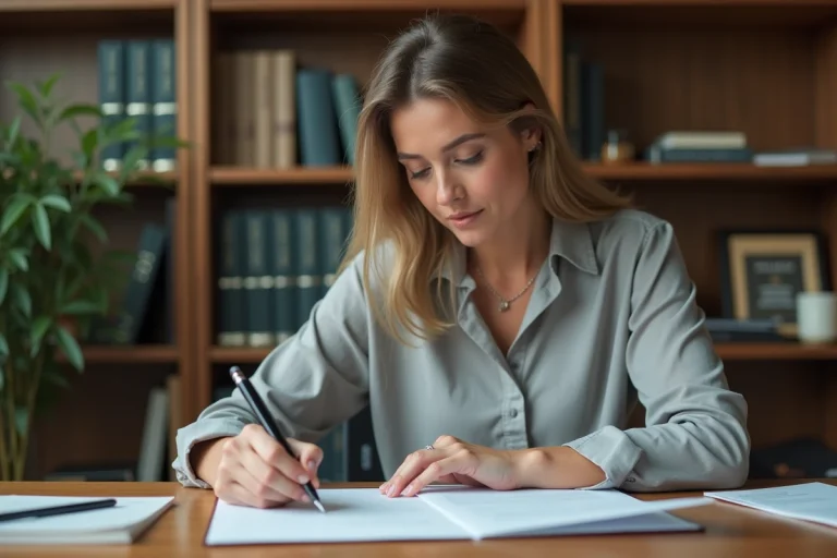 Femme relisant un document écrit pour vérifier l'orthographe grammaticale d'une conjugaison