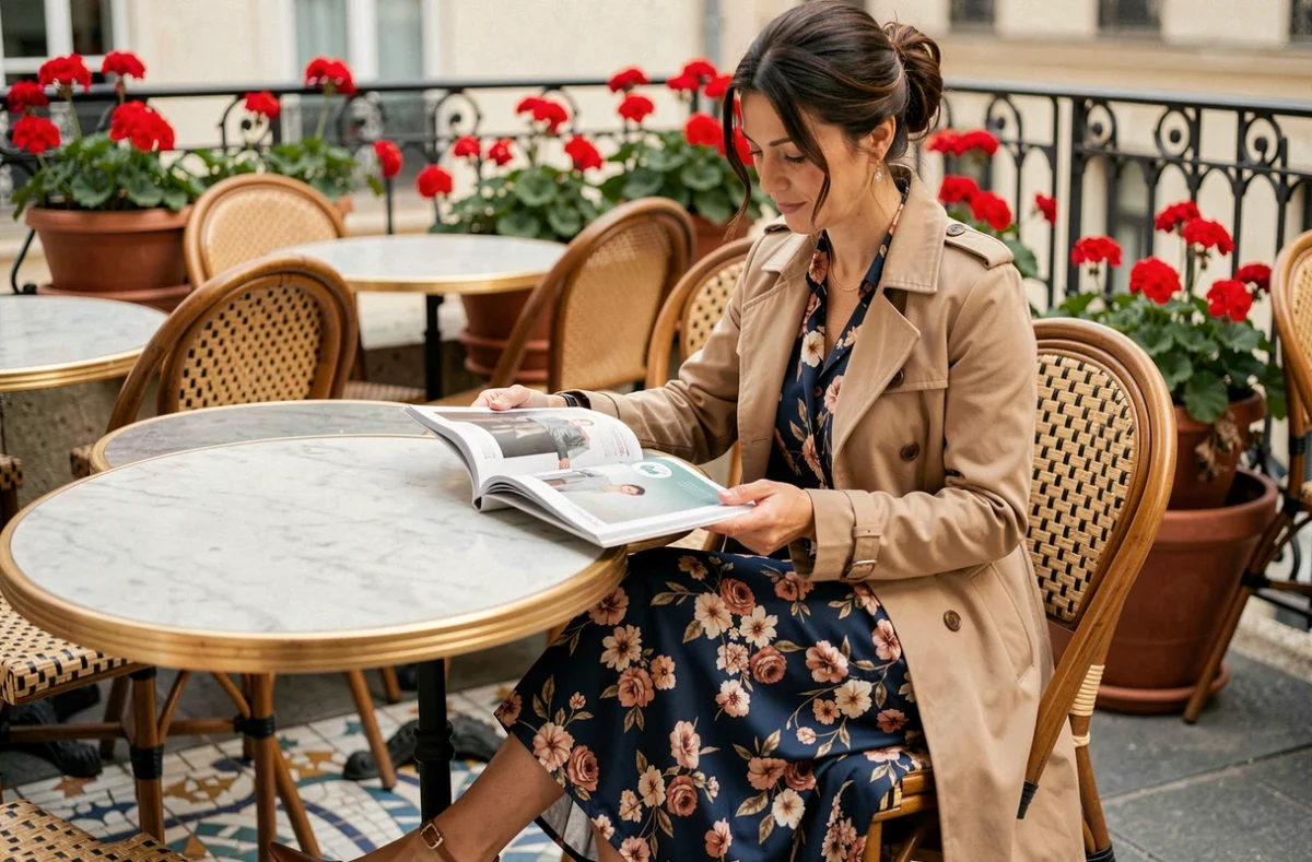 Femme chic en robe midi fleurie et trench beige assise en terrasse de café, astuces mode pour sublimer son look au quotidien