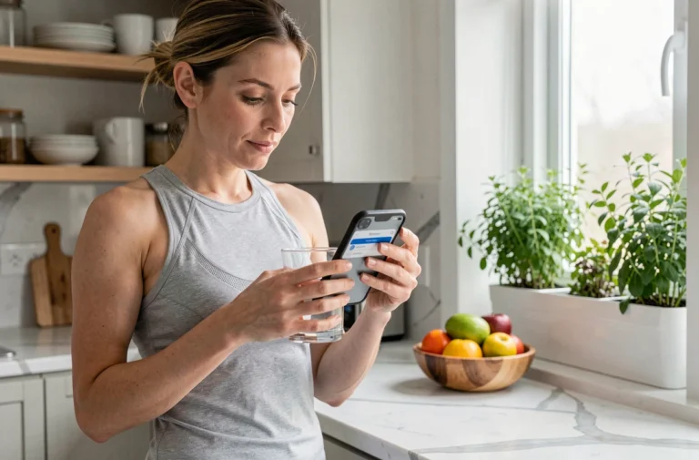 Femme en bonne santé consultant une application de bien-être dans une cuisine moderne avec fruits frais et plantes aromatiques