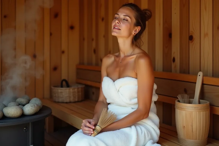 Femme détendue assise sur un banc en bois dans un sauna traditionnel finlandais avec de la vapeur et des pierres chaudes
