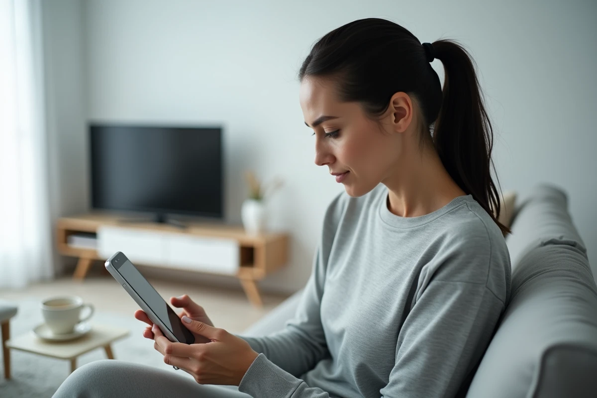 Femme consultant son smartphone pour trouver l'adresse d'un site de streaming français
