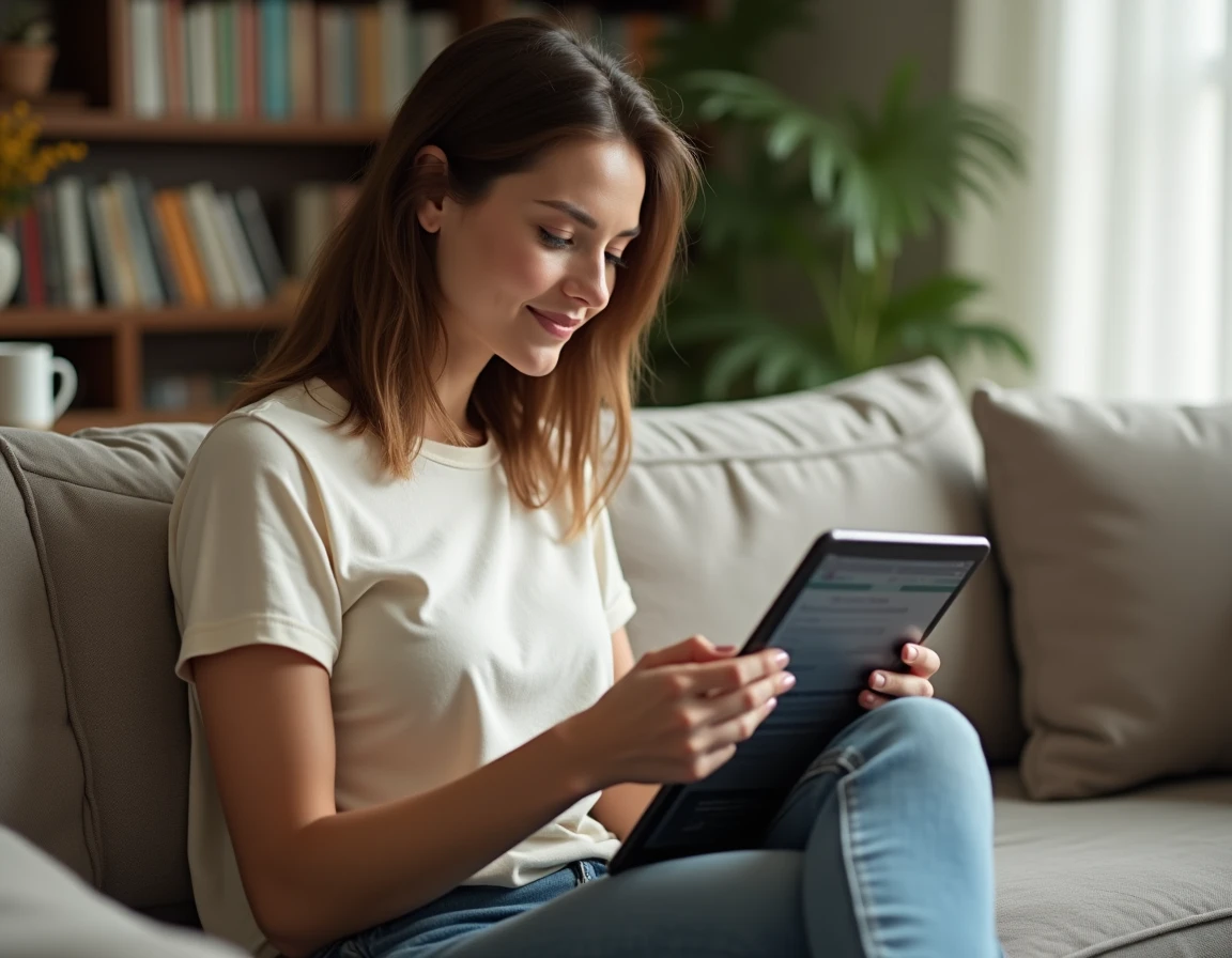 Femme consultant la nouvelle adresse de Zone Téléchargement sur sa tablette dans un salon confortable en 2026
