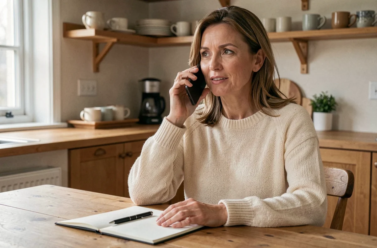 Femme sereine au téléphone avec un conseiller depuis sa cuisine, illustrant une démarche simple de contact via le 3400