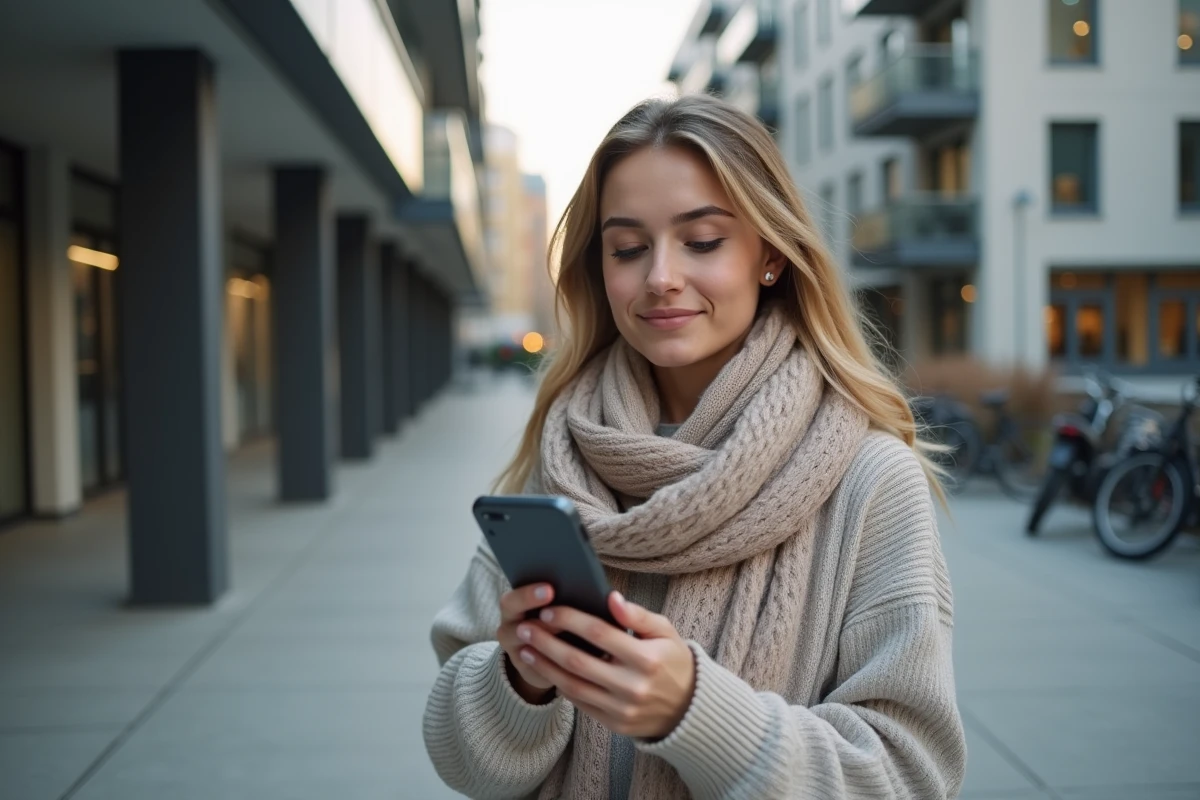 Jeune femme dehors évaluant une vente avec son smartphone
