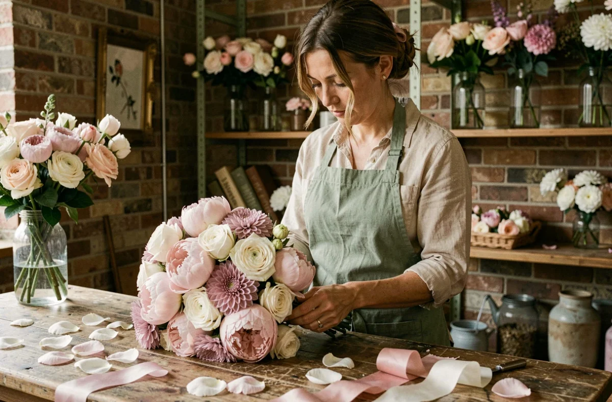 Fleuriste professionnelle arrangeant un bouquet de mariée en pivoines rose pâle et roses ivoire dans un atelier fleuri au style parisien