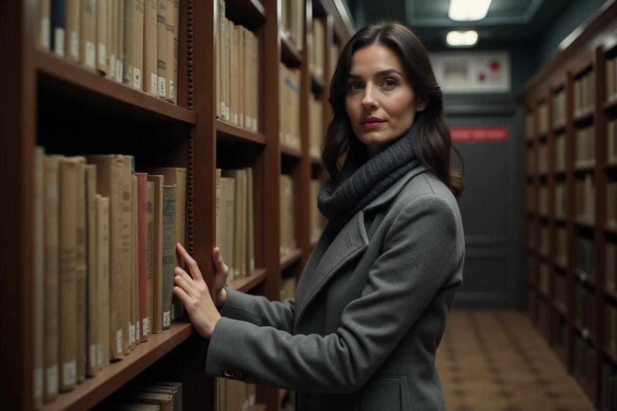 Journaliste dans une salle d'archives de presse historique, parcourant des volumes de journaux anciens pour illustrer les racines et l'héritage de Flora Moussy