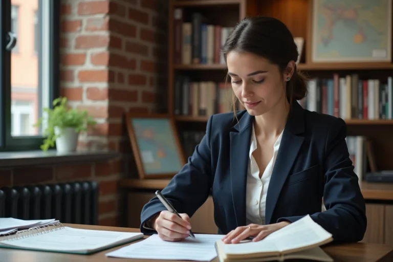 Journaliste femme assise à un bureau d'édition avec des notes et une carte vintage, évoquant les racines et le parcours professionnel de Flora Moussy