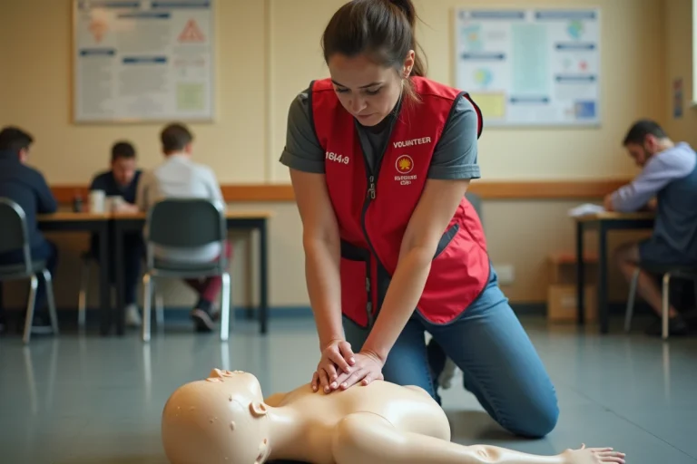 Une femme pratique le massage cardiaque sur un mannequin lors d'une formation aux gestes de premiers secours