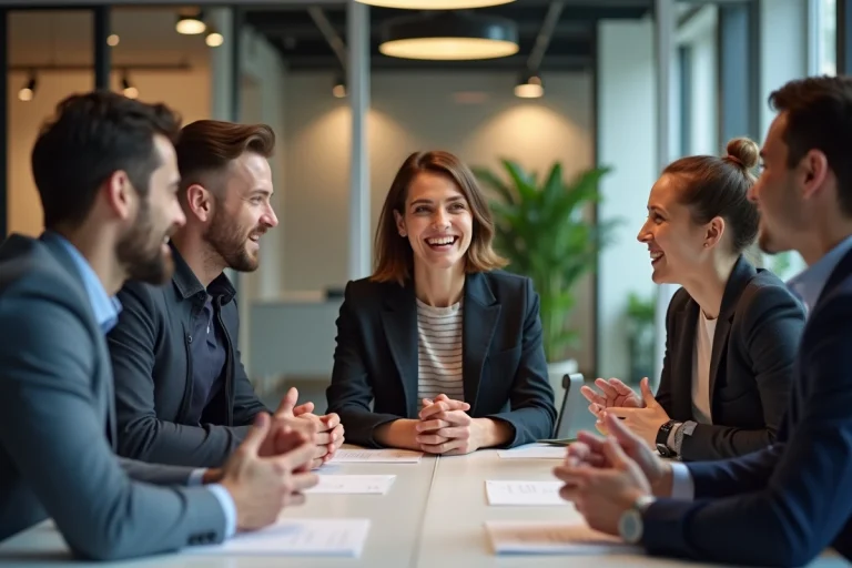 Groupe de professionnels en réunion dans un espace coworking