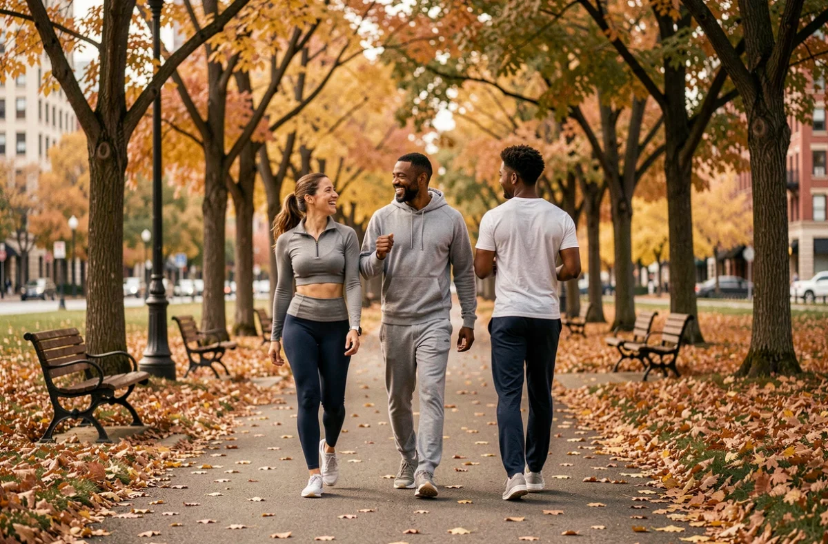 Groupe d'adultes pratiquant la marche en plein air dans un parc urbain en automne pour prendre soin de leur santé