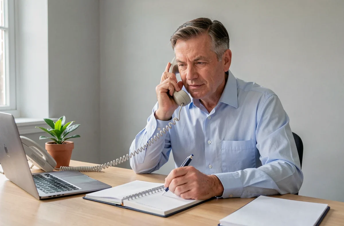 Homme en chemise bleue contactant un conseiller par téléphone depuis son bureau à domicile, illustration du service 3400