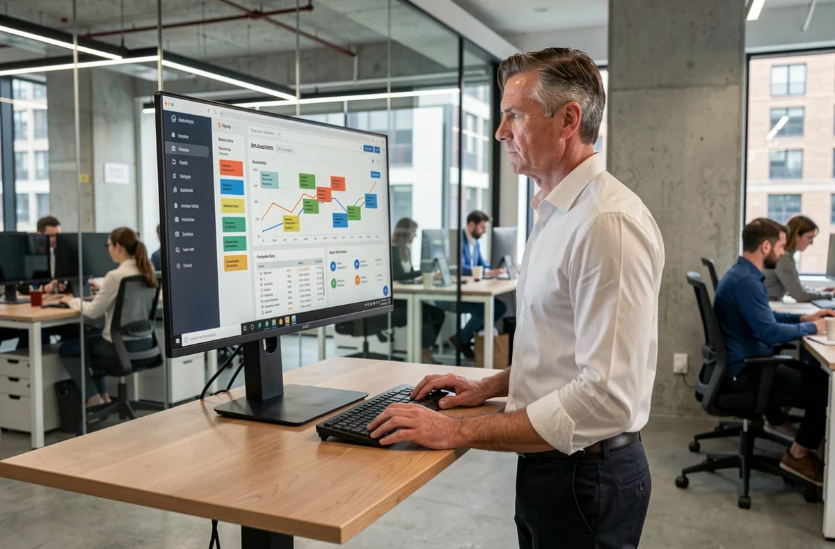 Homme debout à son bureau réglable dans un open space moderne consultant un tableau de bord de productivité sur grand écran