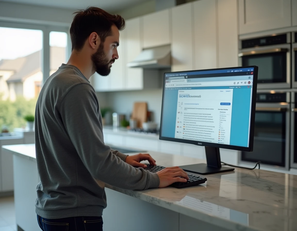 Homme debout dans une cuisine moderne recherchant la nouvelle adresse officielle de Zone Téléchargement sur ordinateur